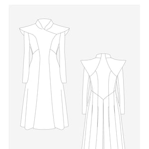 May include: Line drawing of a long, flowing dress with a high collar and a fitted bodice. The dress has a V-shaped neckline and a long, flowing skirt. The dress is shown in both front and back views. The text "DAENERYS GOT" is at the bottom of the image.