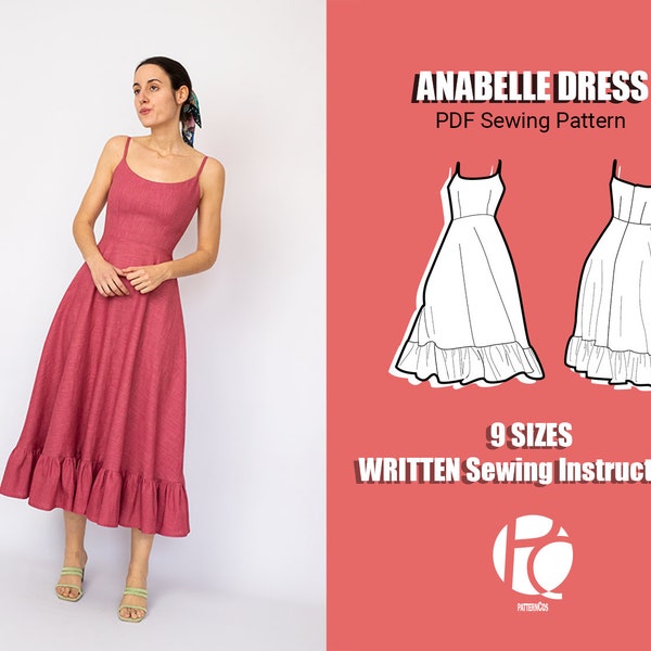 Basispatroon midi-jurk | Cirkelrokpatroon voor dames | Eenvoudig naaipatroon voor een midi-jurk voor een bruiloft | 9 MATEN | PDF-naaipatroon