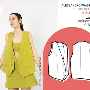 Naaipatroon losvallend gilet | Lang boho-vestpatroon volledig gevoerd | Vestpatroon met knopen voor dames | 9 MATEN | PDF-naaipatroon