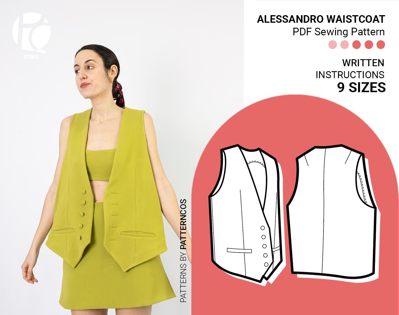 Loose fit waistcoat sewing pattern | Long boho vest pattern fully lined | Buttoned waistcoat pattern for women | 9 SIZES |PDF Sewing pattern