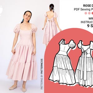 Modello di abito midi estivo / Modello di abito con vita bassa per donna / Modello di abito con scollo a V e schiena legata / 9 TAGLIE / Modello di cucito PDF