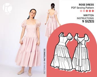 Molde de vestido midi de verão | Molde de vestido com cintura baixa para mulheres | Molde de vestido com decote em V e amarração nas costas | 9 TAMANHOS | Molde de costura em PDF