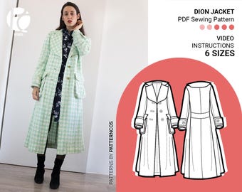 Dion Long Coat sewing pattern | Militar coat style pattern | Lapel collar jacket pattern for women | 6 SIZES | PDF Sewing pattern