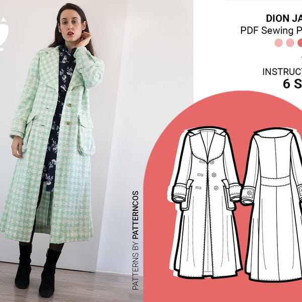 Mönster för lång Dion-kappa | Mönster för militärkappa | Mönster för jacka med slagkrage för kvinnor | 6 STORLEKAR | PDF-sömnadsmönster