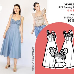 Könnte beinhalten: Ein Venus Dress PDF-Schnittmuster mit schriftlicher Anleitung für 10 Größen. Das Bild zeigt ein blaues Midikleid mit gerüschtem Oberteil und Trägern, ein beiges gerüschtes Oberteil sowie schwarz-weiße Strichzeichnungen der Kleidungsdesigns.