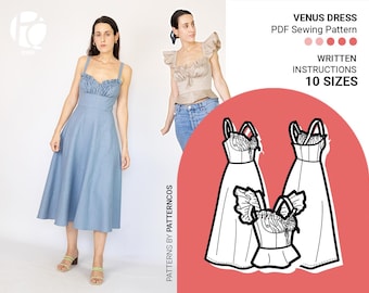 Basic midi dress pattern | Milkmaid dress pattern for women | Wedding midi dress pattern for summer | 10 SIZES | PDF Sewing pattern