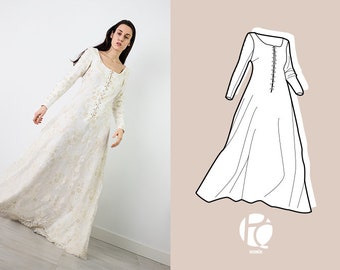 Medieval cotehardie inspired dress. Fantasy fairy wedding dress | 6 SIZES | PDF Sewing pattern