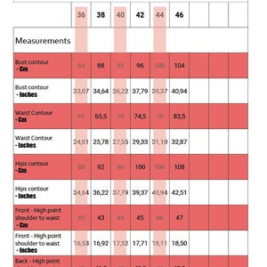 May include: Size chart for clothing with measurements in inches and centimeters. The chart includes bust, waist, hips, and shoulder to waist measurements for sizes 36 to 46.