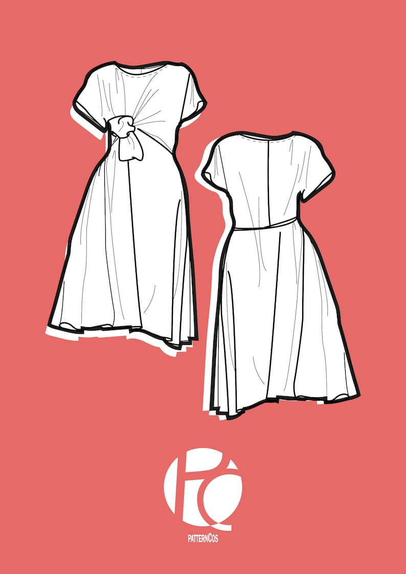 Patrón de vestido midi anudado / Patrón de vestido acampanado para mujer / Patrón de blusa drapeada anudada / Vestido cómodo / 6 TALLAS / Patrón de costura en PDF imagen 3