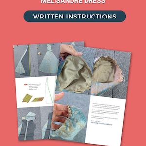 May include: A red background with the text "MELISANDRE DRESS WRITTEN INSTRUCTIONS" and "PATTERNS BY PATTERNCOS". The image shows sewing instructions with diagrams and fabric samples, including a close-up of a sleeve.