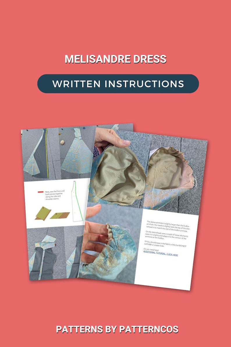 May include: A red background with the text "MELISANDRE DRESS WRITTEN INSTRUCTIONS" and "PATTERNS BY PATTERNCOS". The image shows sewing instructions with diagrams and fabric samples, including a close-up of a sleeve.