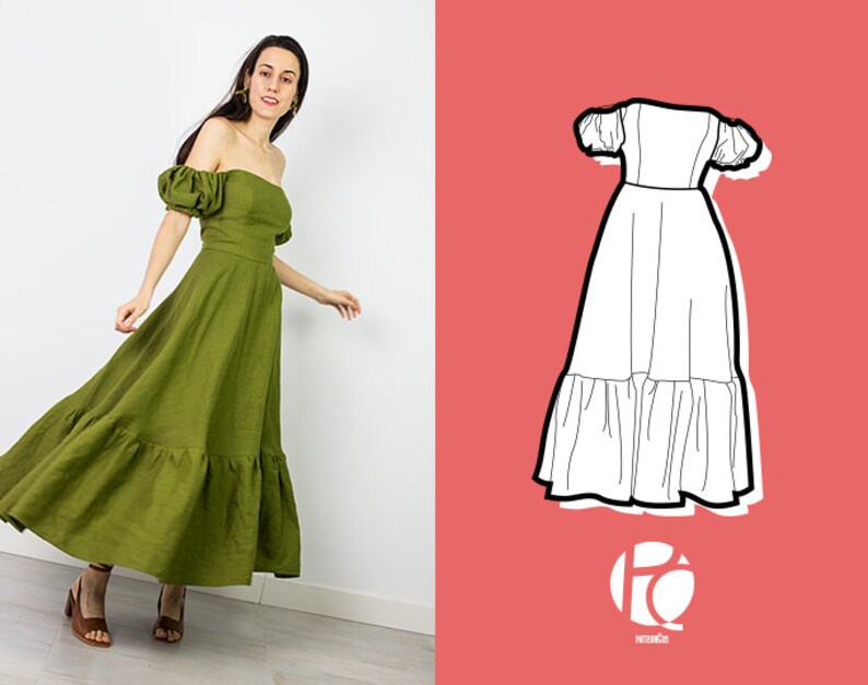 Isila Midi A silhouette ruffled dress. Off-shoulder cocktail style | 6 SIZES | PDF Sewing pattern 