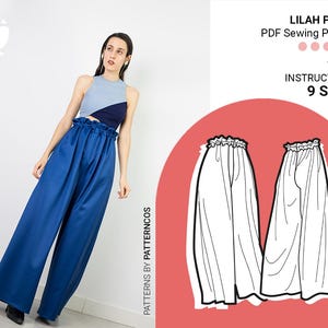 Wide-leg pants sewing pattern | Easy elastic waistband pants pattern | Palazzo style pattern for women | 9 SIZES | PDF Sewing pattern