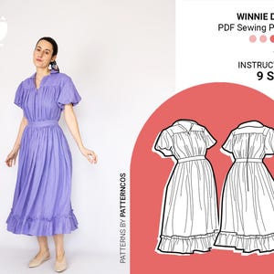 Flared cottagecore dress sewing pattern | Balloon puffy sleeve | Rural midi dress pattern | Romantic dress | 9 SIZES | PDF Sewing pattern