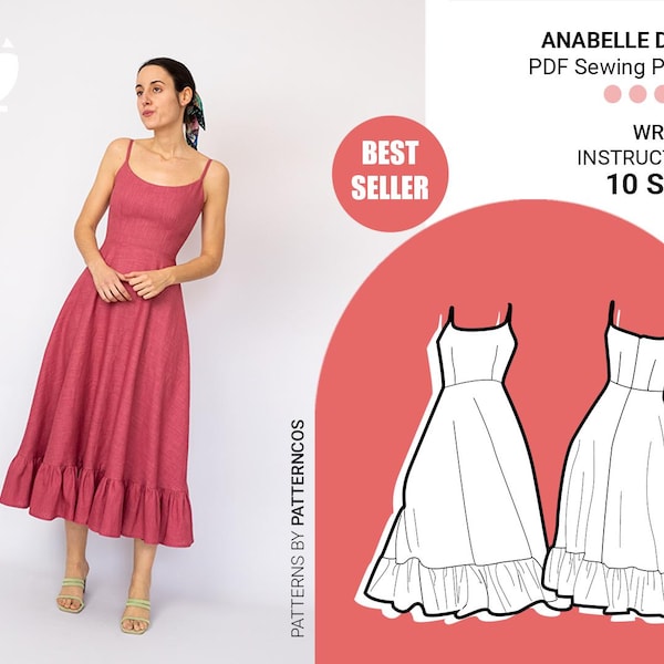 Basic midi dress pattern | Circular skirt pattern for women | Easy wedding midi dress sewing pattern  | 10 sizes | PDF sewing pattern