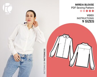 Cartamodello per camicia con bottoni / Cartamodello base per camicetta da donna / Cartamodello per camicetta dalla vestibilità comoda con colletto / 9 TAGLIE / Cartamodello in PDF