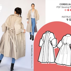 Gabardine coat sewing pattern | Dark academia trench pattern for rainy London streets | Big pleated jacket | 9 SIZES | PDF Sewing pattern