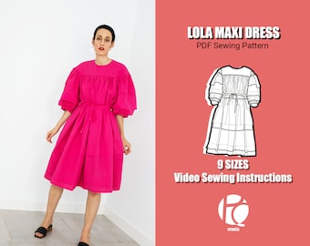 Patron de robe midi à volants Lola | Modèle de robe midi évasée | Modèle de robe bouffante pour femme | 9 TAILLES | Patron de couture PDF