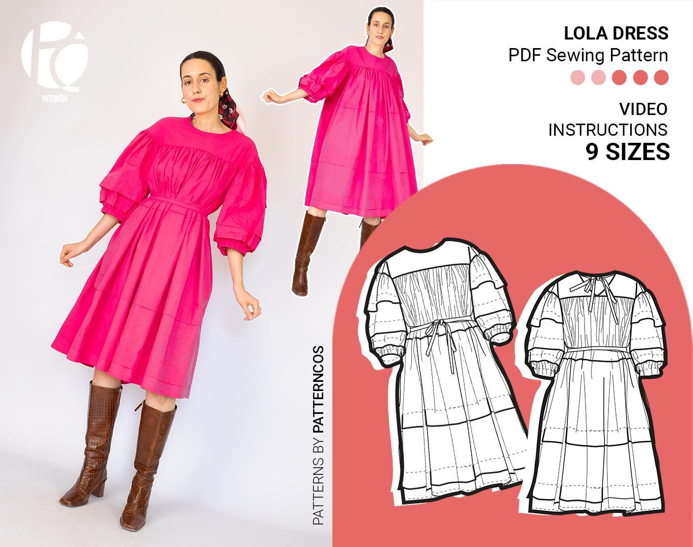 Lola tiered midi dress sewing pattern | Flared midi dress pattern | Puffy dress pattern for women | 9 SIZES | PDF Sewing pattern