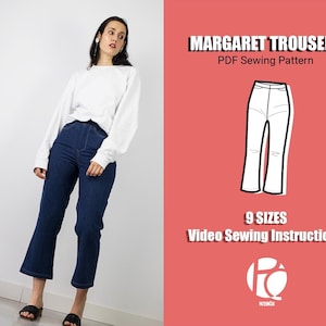 Flared trousers sewing pattern | Casual denim pants pattern | Basic high-waist pants pattern for women | 9 SIZES | PDF Sewing pattern