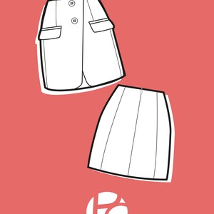 May include: Two black and white line drawings of skirts on a red background. The top skirt has a button closure and two pockets. The bottom skirt has a straight silhouette with pleats.