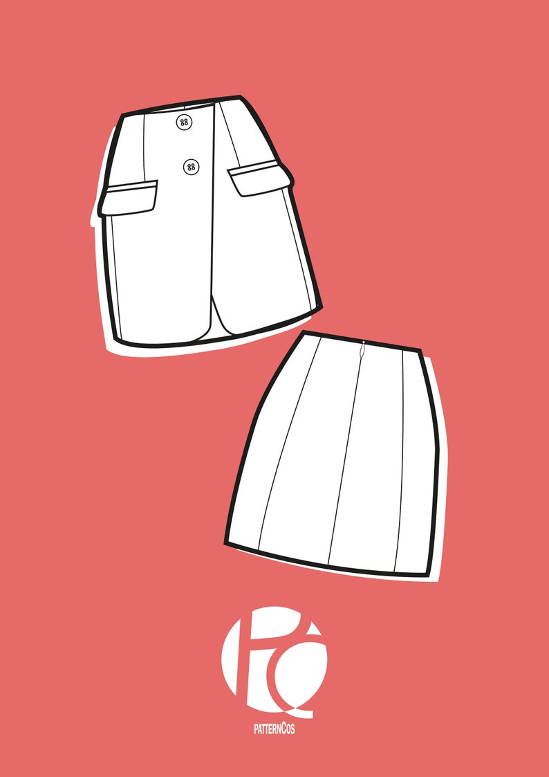 May include: Two black and white line drawings of skirts on a red background. The top skirt has a button closure and two pockets. The bottom skirt has a straight silhouette with pleats.