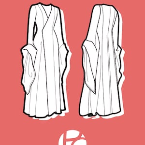 May include: Line drawing of a long, flowing robe with wide sleeves, shown from the front and side views. The robe has a V-neck and a wrap-style closure. The background is a solid coral color. The PatternCos logo is in the bottom right corner.