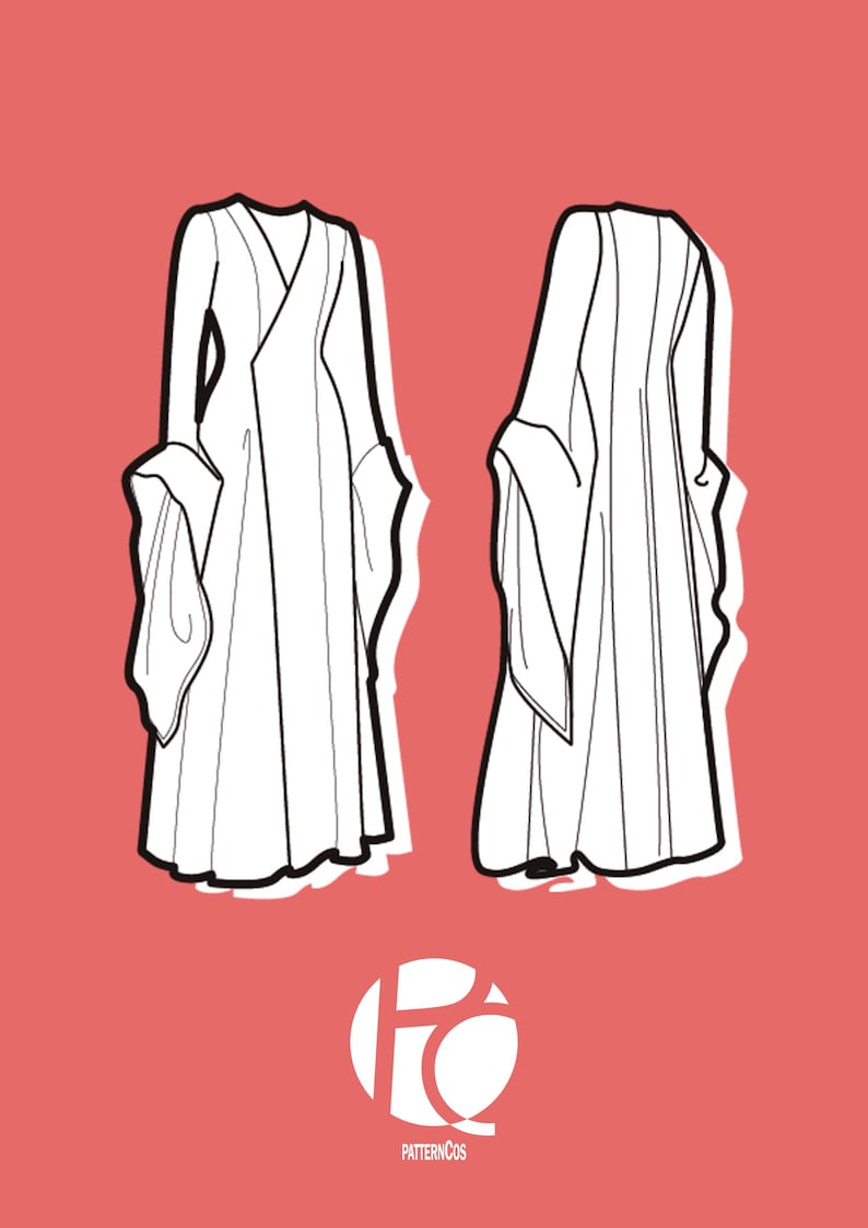 May include: Line drawing of a long, flowing robe with wide sleeves, shown from the front and side views. The robe has a V-neck and a wrap-style closure. The background is a solid coral color. The PatternCos logo is in the bottom right corner.