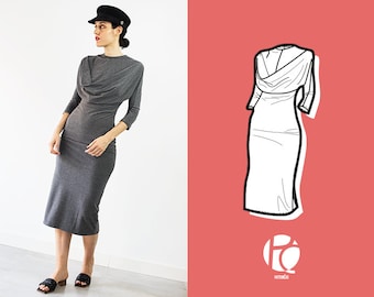 Laia Fitted Knit Dress With Cowl Neck | 6 SIZES | PDF Sewing pattern