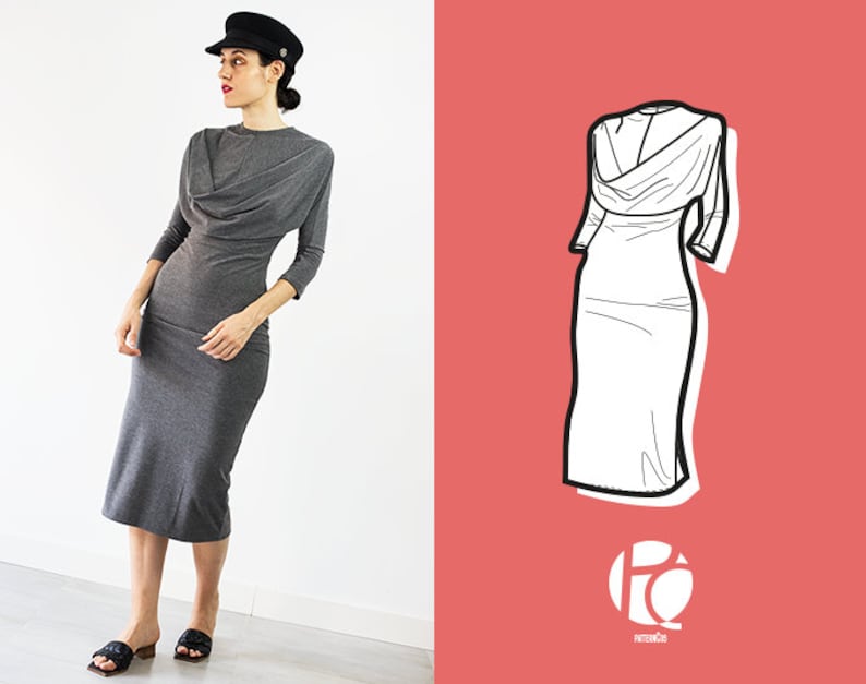 Laia Fitted Knit Dress With Cowl Neck 6 SIZES PDF Sewing pattern image 1