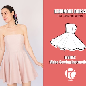 Cocktail strapless neckline dress sewing pattern | Easy mini dress pattern | Circle skirt pattern for women | 6 SIZES | PDF Sewing pattern