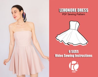 Cocktail strapless neckline dress sewing pattern | Easy mini dress pattern | Circle skirt pattern for women | 6 SIZES | PDF Sewing pattern