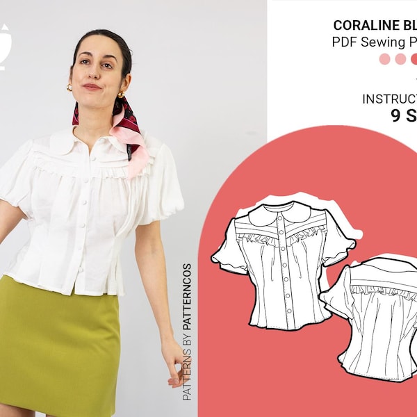 Romantic blouse sewing pattern | Cute Victorian inspired shirt pattern | Buttoned top with pleats and ruffles | 9 SIZES | PDF Sewing pattern