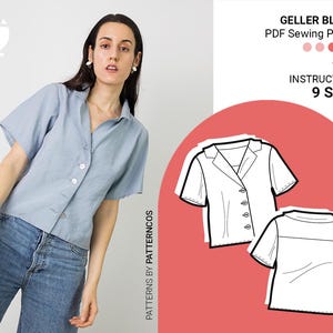 Cozy blouse sewing pattern | Lapel collar shirt pattern for women | Buttoned Geller Blouse | 9 SIZES | Digital PDF Sewing pattern
