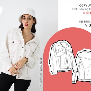 Patrón de costura de chaqueta retro oversize / Patrón de chaqueta vaquera con bolsillos de parche / Patrón de camisa abotonada / 9 TALLAS / Patrón de costura en PDF