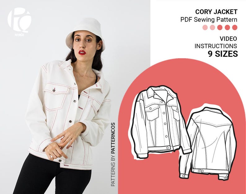 Modello di cucito per giacca retrò oversize / Modello di giacca di jeans con tasche applicate / Modello di camicia abbottonata / 9 TAGLIE / Modello di cucito PDF immagine 1