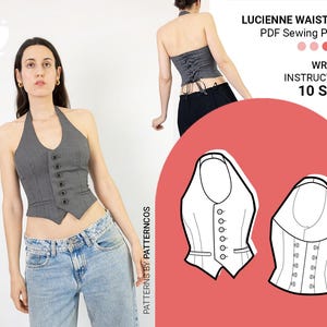 May include: A gray halter top with a button-up front is worn by a person in the image. The text "LUCIENNE WAISTCOAT PDF Sewing Pattern" is visible. The image also shows a line drawing of the waistcoat and the text "WRITTEN INSTRUCTIONS 10 SIZES".