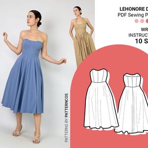 Könnte beinhalten: Ein Lehonore Kleid PDF-Schnittmuster mit schriftlicher Anleitung für 10 Größen. Das Bild zeigt ein blaues trägerloses Kleid mit weitem Rock, ein beiges Neckholder-Kleid und eine schwarz-weiße Strichzeichnung des Kleiderdesigns.