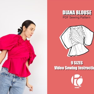 Drape wrapped blouse sewing pattern | Puffy ranglan sleeve | Elegant skin back window top pattern | Trendy | 9 SIZES | PDF Sewing pattern