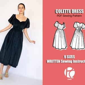 Elegant midi dress sewing pattern | Couture dress pattern for women | Sweetheart collar pattern | 9 SIZES | Digital PDF Sewing pattern