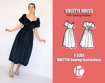 Elegant midi dress sewing pattern | Couture dress pattern for women | Sweetheart collar pattern | 9 SIZES | Digital PDF Sewing pattern