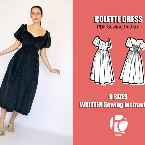 Elegant midi-jurk naaipatroon | Couture-jurkpatroon voor dames | Hartvormig kraagpatroon | 9 MATEN | Digitale PDF-naaipatroon
