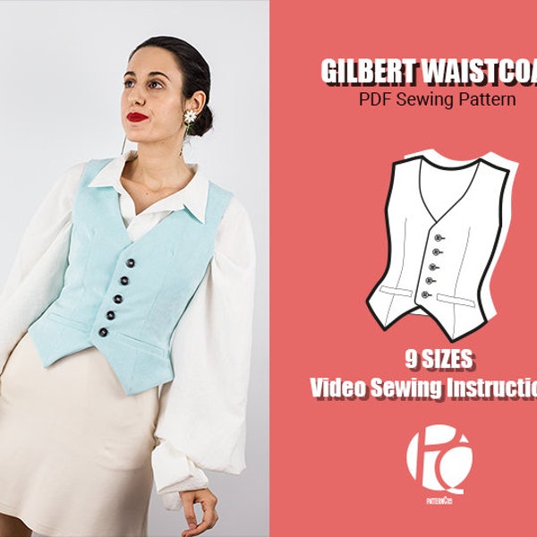 Patrón de costura Gilbert V-neck Buttoned Vest / Patrón de chaleco para mujer / Patrón de chaleco ajustado / 9 TALLAS / Patrón de costura PDF