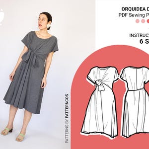 Midi tied dress sewing pattern | Flared dress pattern for women | Drape tied blouse pattern | Cozy dress | 6 SIZES | PDF Sewing patter