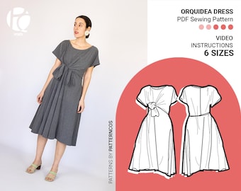 Schnittmuster für ein Midi Kleid mit Schnürung | Schnittmuster für ausgestellte Kleider | Drapieren gebunden Bluse Muster | Gemütliches Kleid | 6 GRÖßEN | PDF Schnittmuster