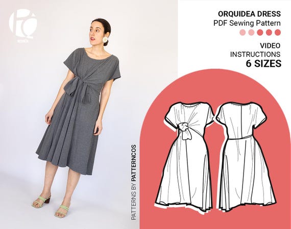 Midi tied dress sewing pattern | Flared dress pattern for women | Drape tied blouse pattern | Cozy dress | 6 SIZES | PDF Sewing patter