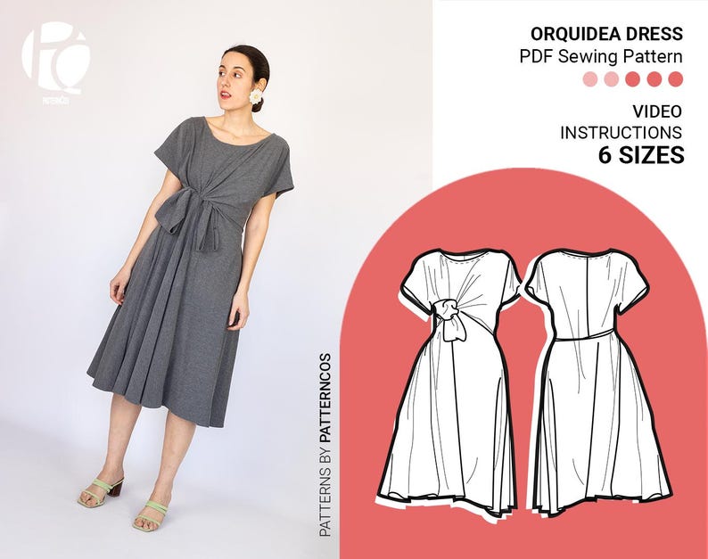 Patrón de vestido midi anudado / Patrón de vestido acampanado para mujer / Patrón de blusa drapeada anudada / Vestido cómodo / 6 TALLAS / Patrón de costura en PDF imagen 1
