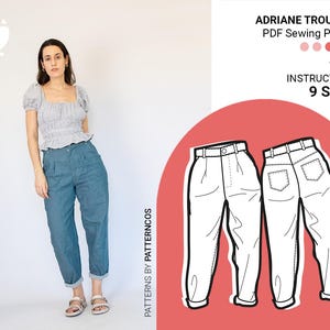 Slouchy trousers sewing pattern | High waist jeans pattern | Cool pants pattern for women | 9 SIZES | PDF Sewing pattern