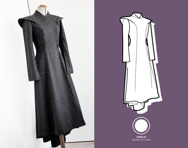 May include: A gray wool dress with a high collar and long sleeves. The dress has a fitted bodice and a flared skirt. The dress is shown on a mannequin. The image also includes a line drawing of the dress.
