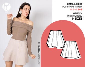 Padrão de costura para minissaia | Padrão fofo de saia nesga com babados | Padrão fácil de saia flare para mulheres | 9 TAMANHOS | Padrão de costura em PDF